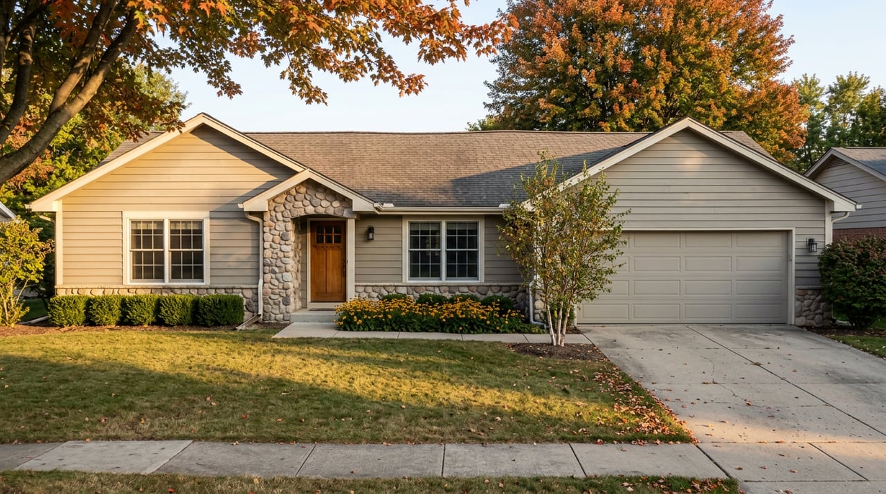 Ranch house with stone entry, orange-red maple, front lawn and concrete driveway.