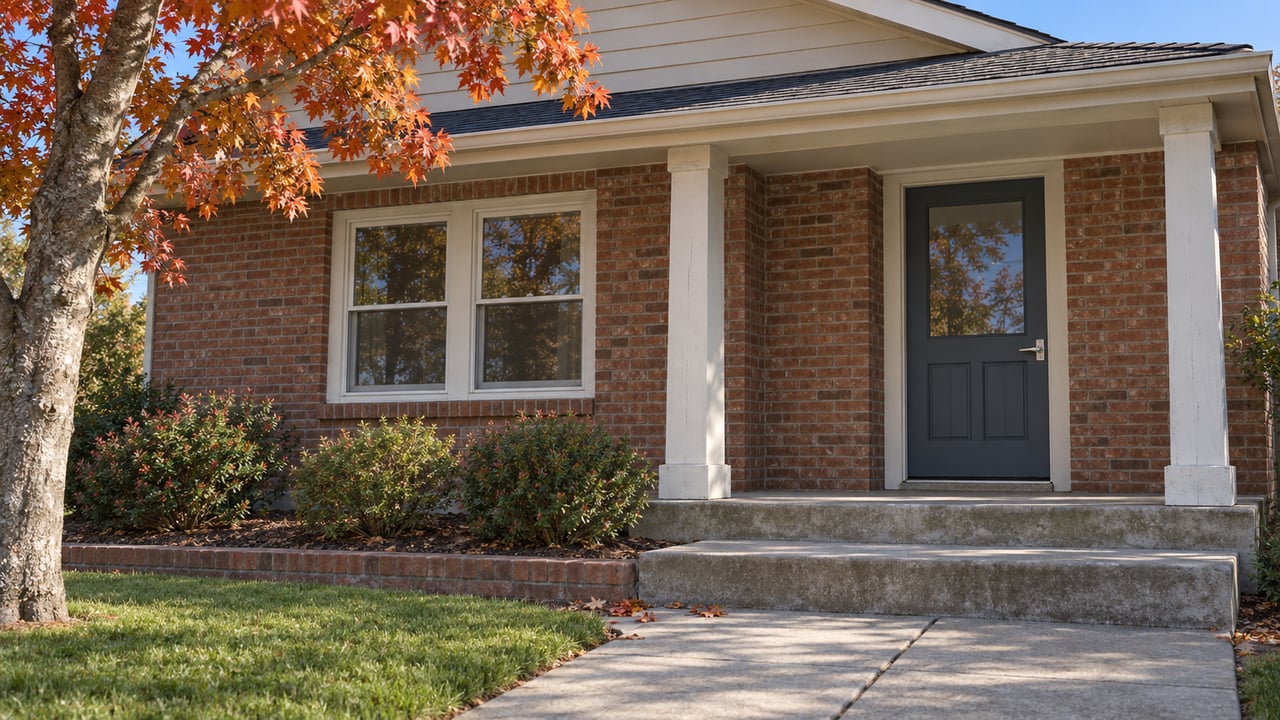 Brick house exterior with a covered porch, dark front door, and orange autumn leaves.