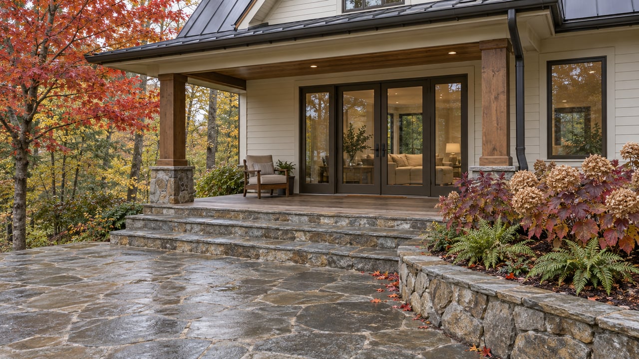 Autumn garden terrace with gray stone paving, burgundy oakleaf hydrangeas and a covered porch with cream siding and timber posts.