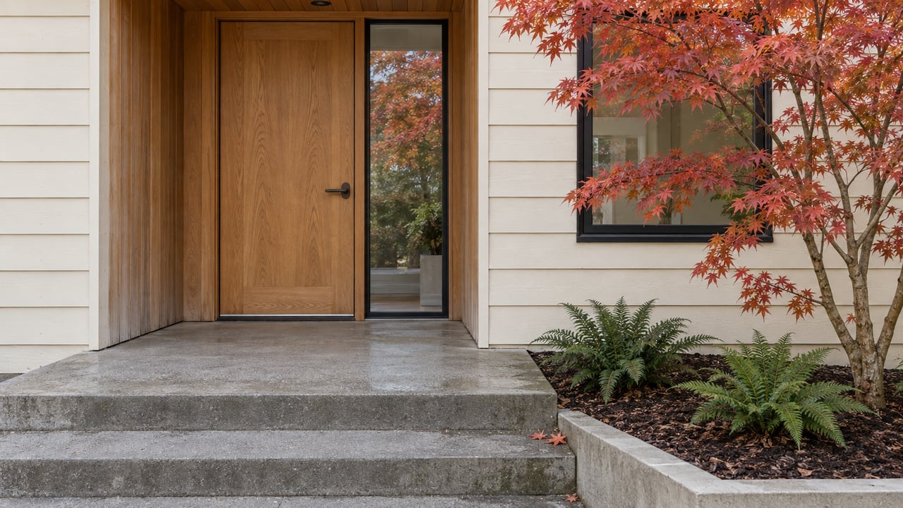 Contemporary home's recessed wood entry with black-framed glazing, damp concrete steps and a copper-red Japanese maple.