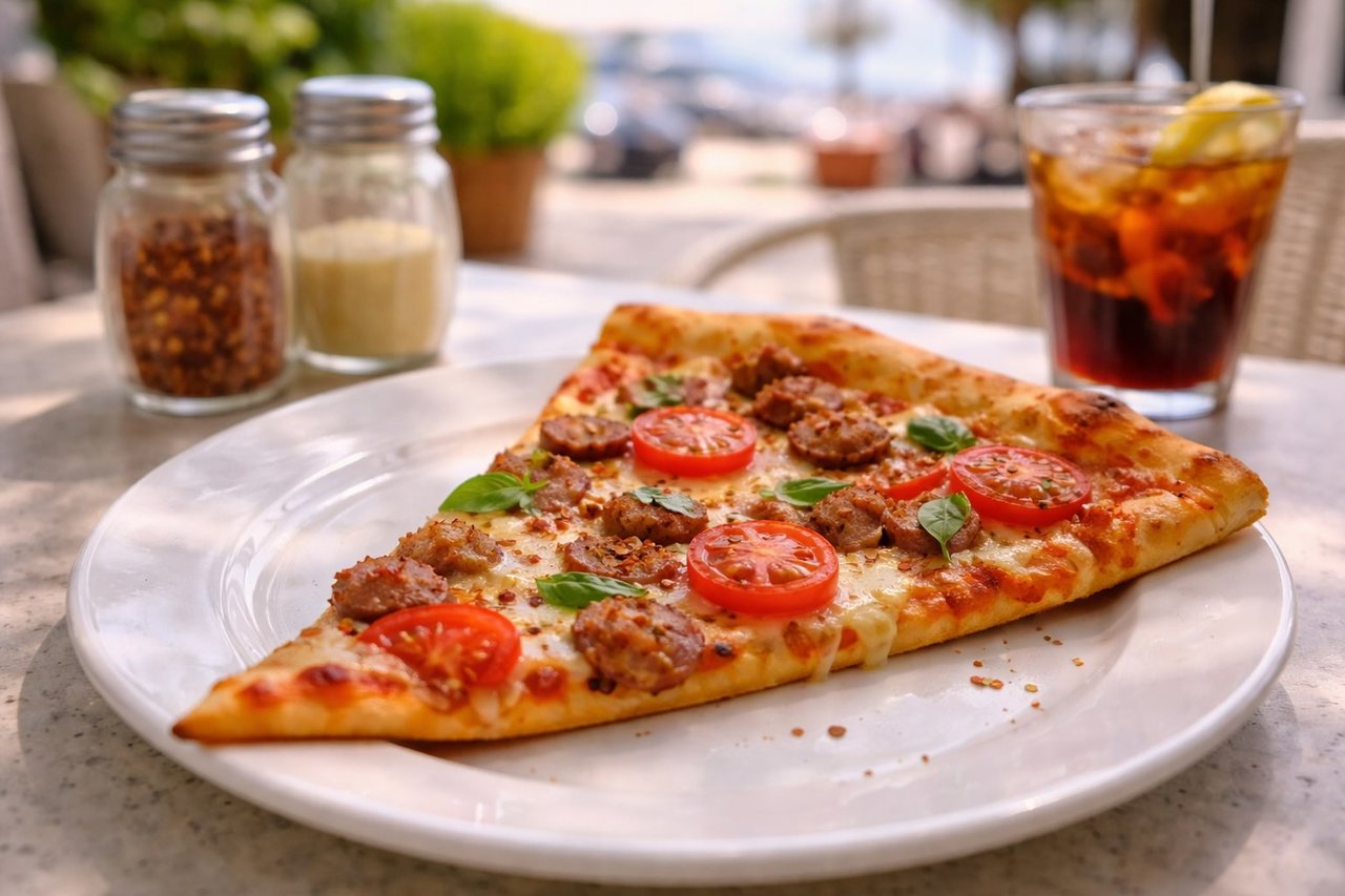 New York style pizza slices on a plate in a casual setting