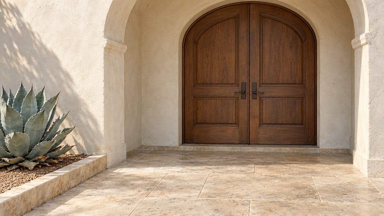 Carved walnut double doors beneath a deep ivory stucco arch, with limestone paving and one silver-blue agave in a raised stone-edged planting pocket.