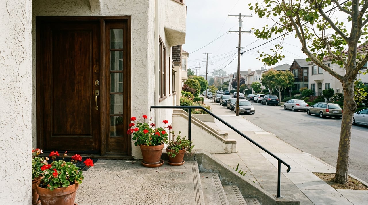 Stucco rowhouse entry with a dark wooden door, red geraniums in pots, and steps overlooking a residential street.