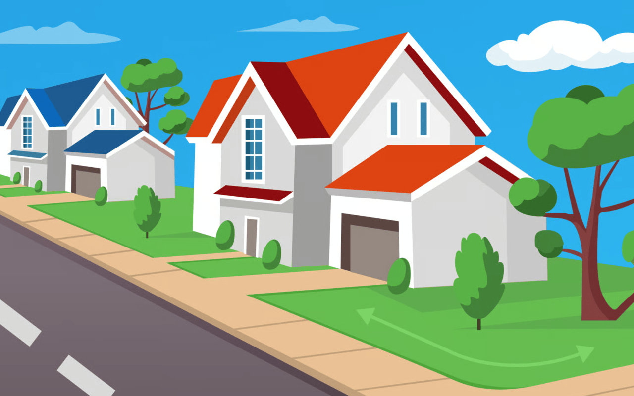 Illustrated corner-lot house with a red roof, neighboring homes, and arrows tracing the lawn.