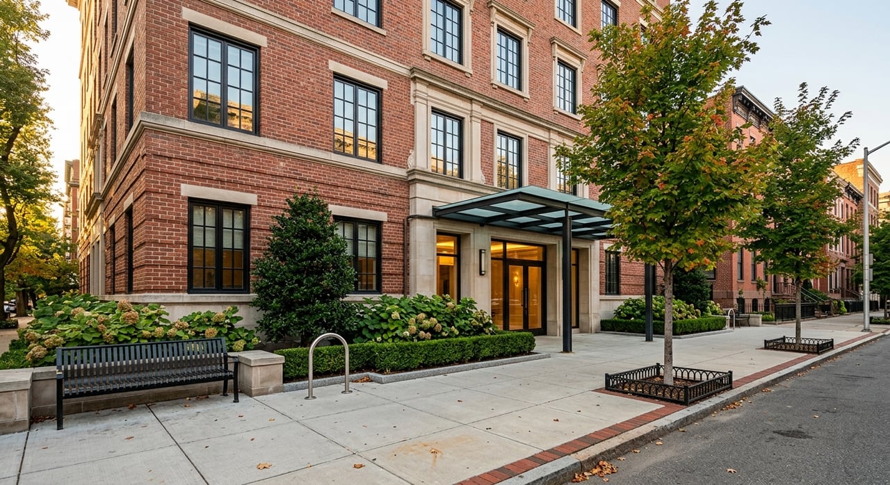 Brick residential entrance with a glass canopy, limestone surround, clipped hedge, and street trees.