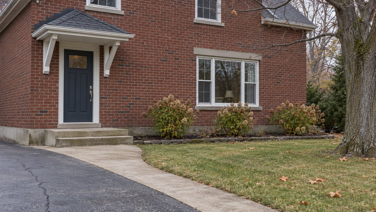 Red-brick two-story home with a sheltered blue entrance, damp concrete walk and late-autumn lawn beneath a mostly bare maple.