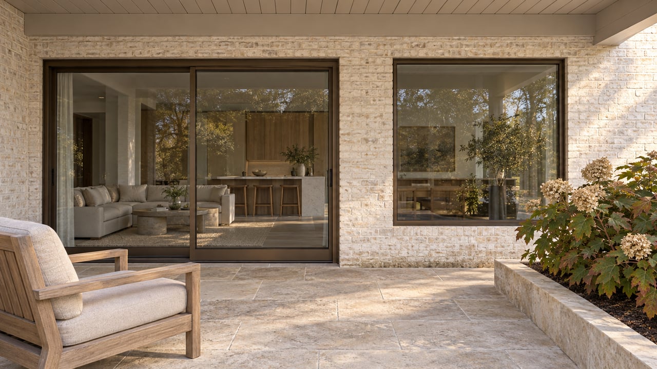Covered limestone terrace with a teak lounge chair, pale brick walls, bronze-framed glass doors and an oakleaf hydrangea.