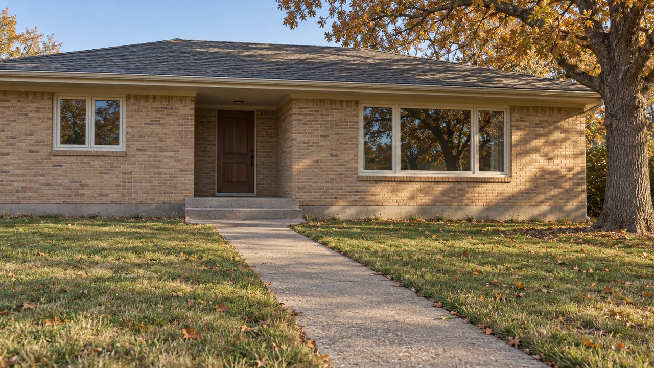 An established brick ranch with a recessed entry, concrete front walk and mature oak above an autumn lawn.