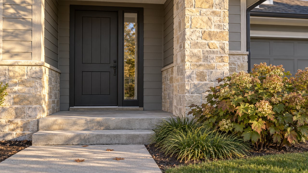 House entry: charcoal door, glass sidelight, limestone pier, concrete steps, and bronze-tipped hydrangea.
