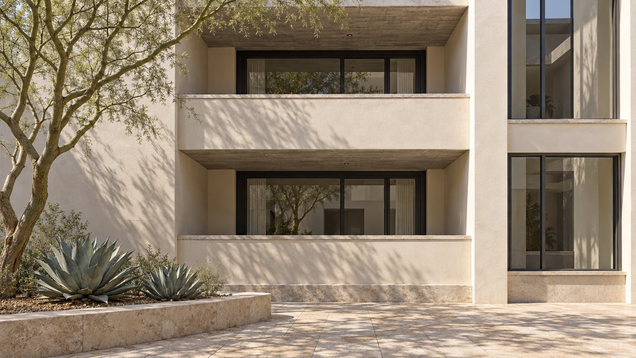 Sunlit ivory condominium terraces with charcoal-framed glass, limestone courtyard paving and a sculptural desert tree.