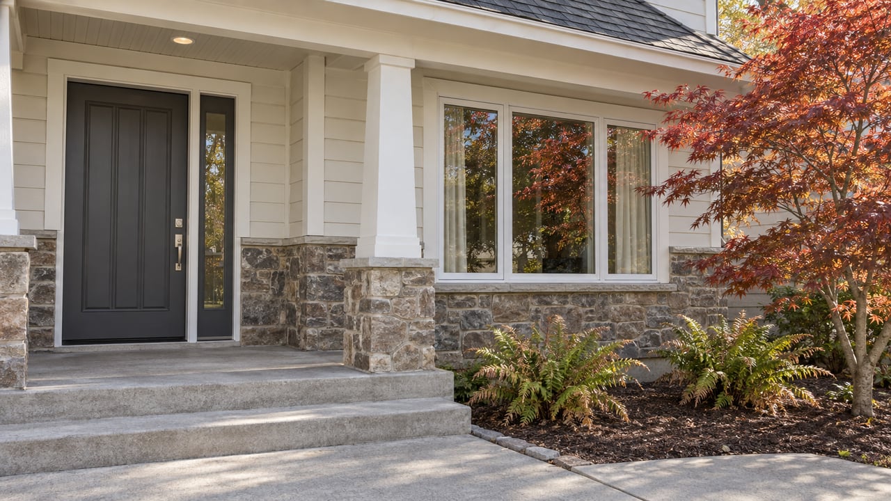 Covered home entry with pale siding, stone veneer, concrete steps and a copper-red Japanese maple beside the window.