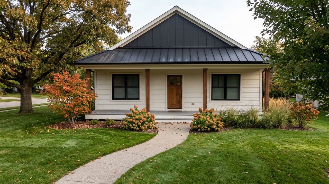 Detached white-sided home with a black gable accent, covered porch, deep lawn, and curving walkway beneath autumn trees.