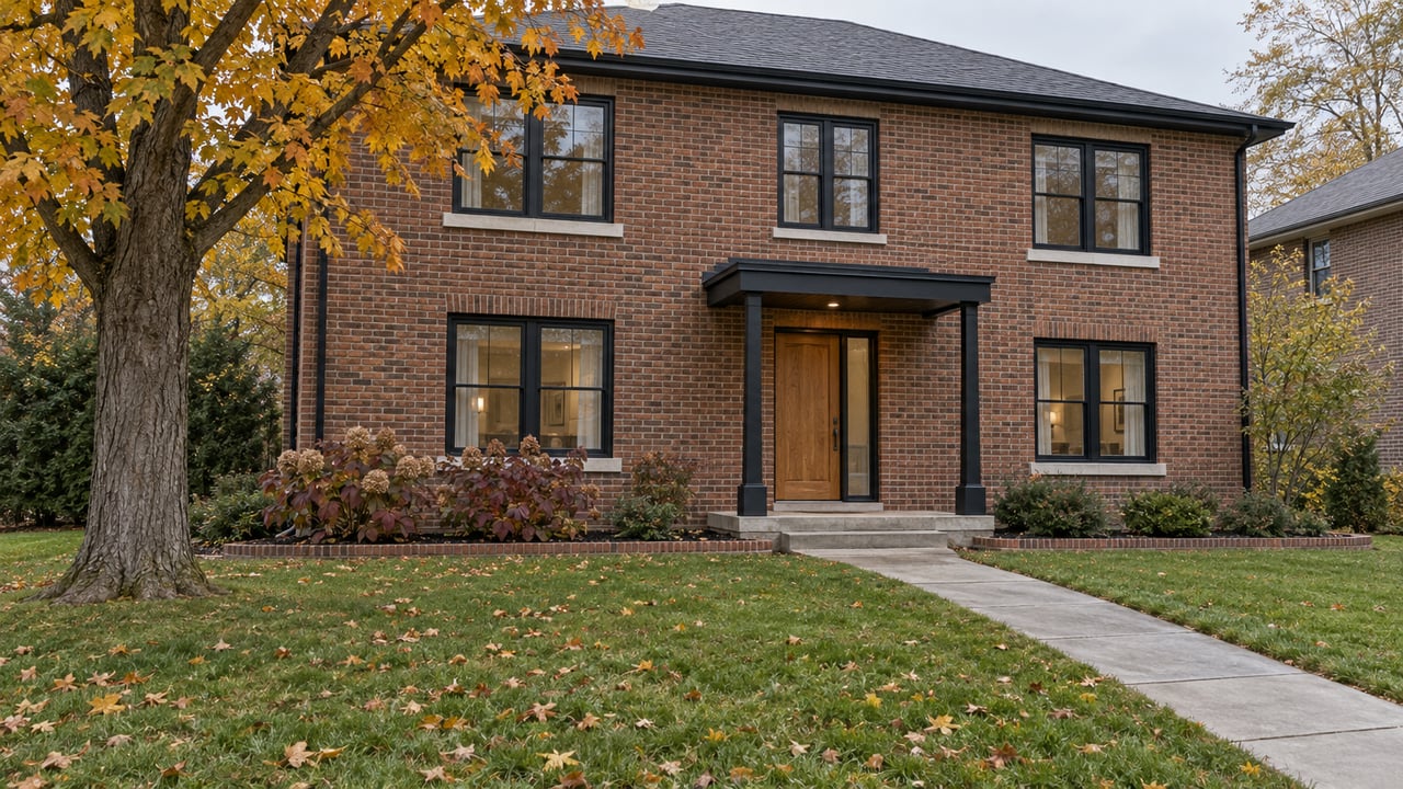 Autumn lawn and amber maple beside a two-story brick home with black-framed windows and a recessed oak entrance.