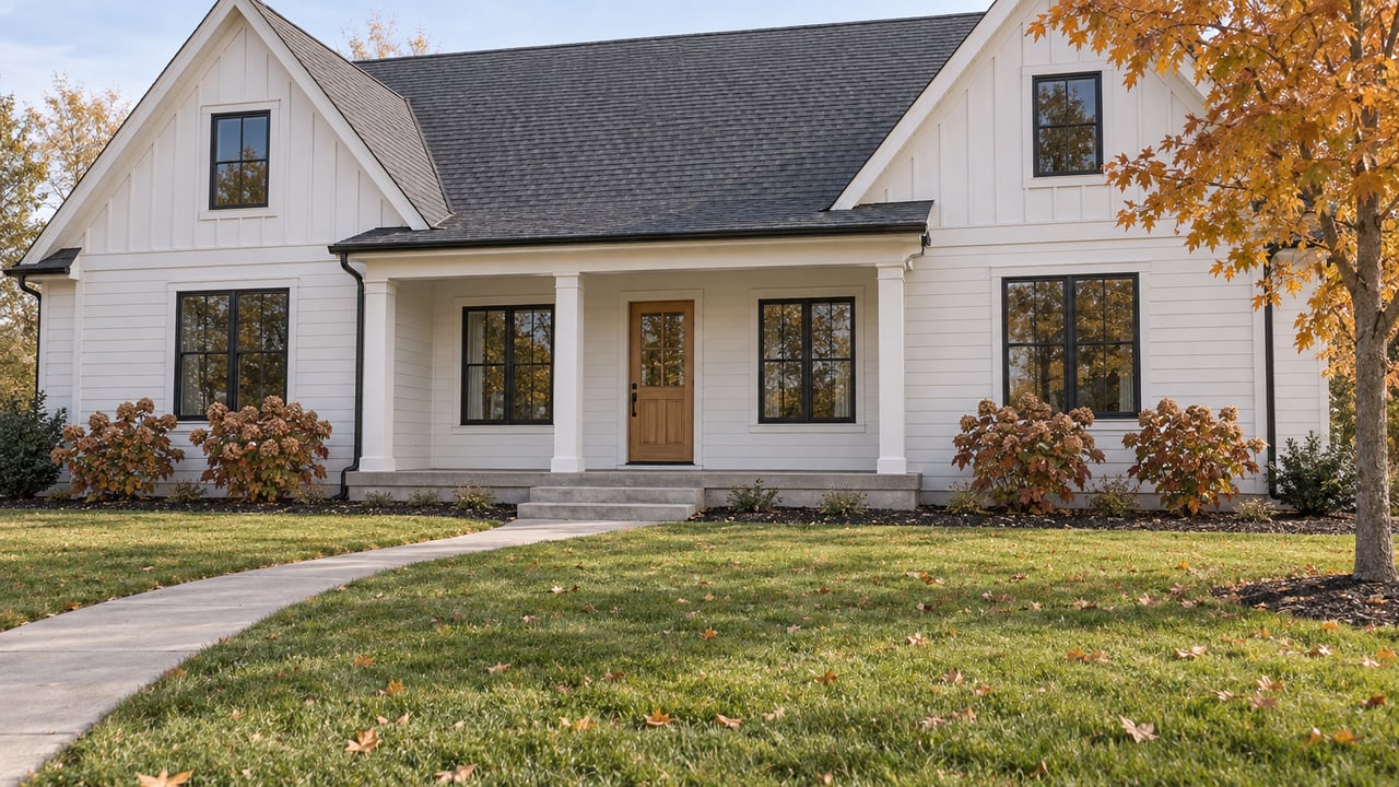 White gabled home with black divided-light windows, a covered central porch, a deep lawn, and amber autumn foliage.