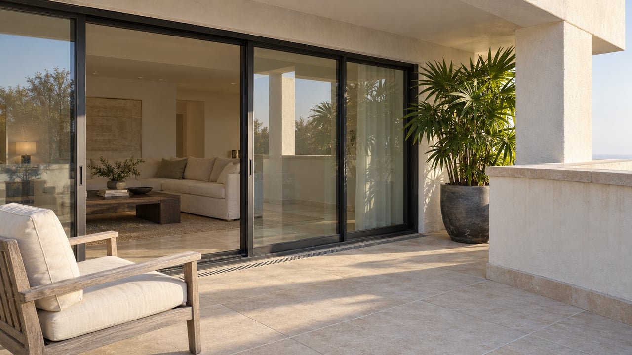 Covered terrace with pale stucco, black-framed glass doors, a teak lounge chair and a potted lady palm.