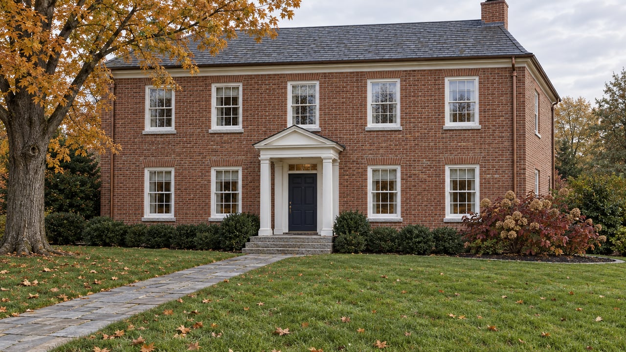 Brick house with white-trimmed windows, a navy front door, granite entry steps and a deep lawn beneath an amber-leaved maple.