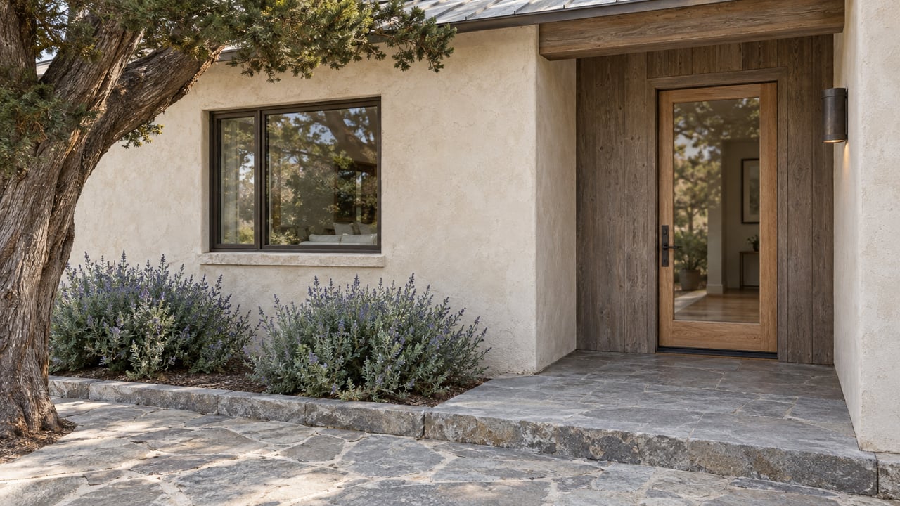 Sand-colored stucco house with a glazed wood door, bronze-framed window, stone path, and low sage mounds.