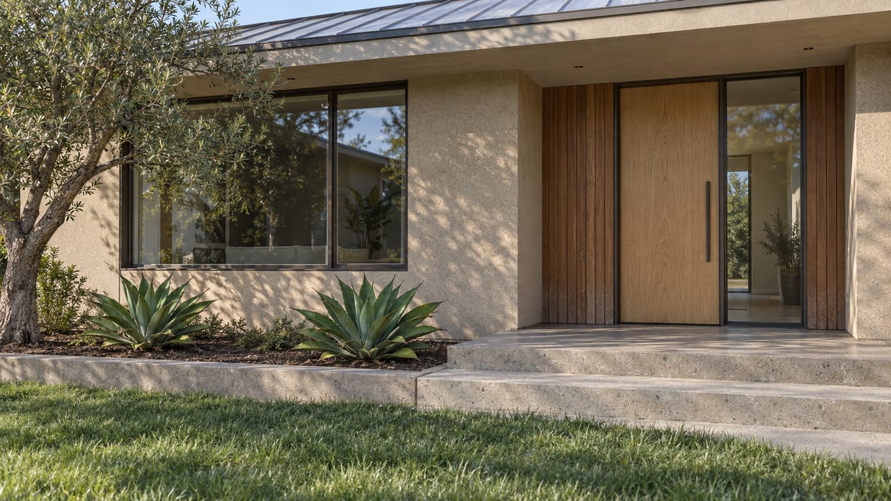 Updated single-story home's cedar-lined entry, bronze-framed window and concrete porch beside an olive tree and two agaves.