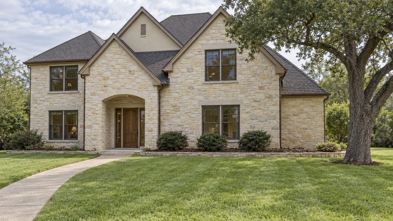 Broad limestone home with dark-framed windows, a recessed oak entry, deep green lawn and one mature oak in soft daylight.