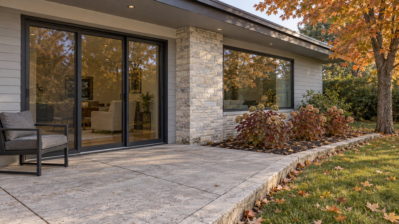 Contemporary home's stone and gray-sided rear facade beside a paved patio and autumn maple, with oakleaf hydrangeas edging the lawn.