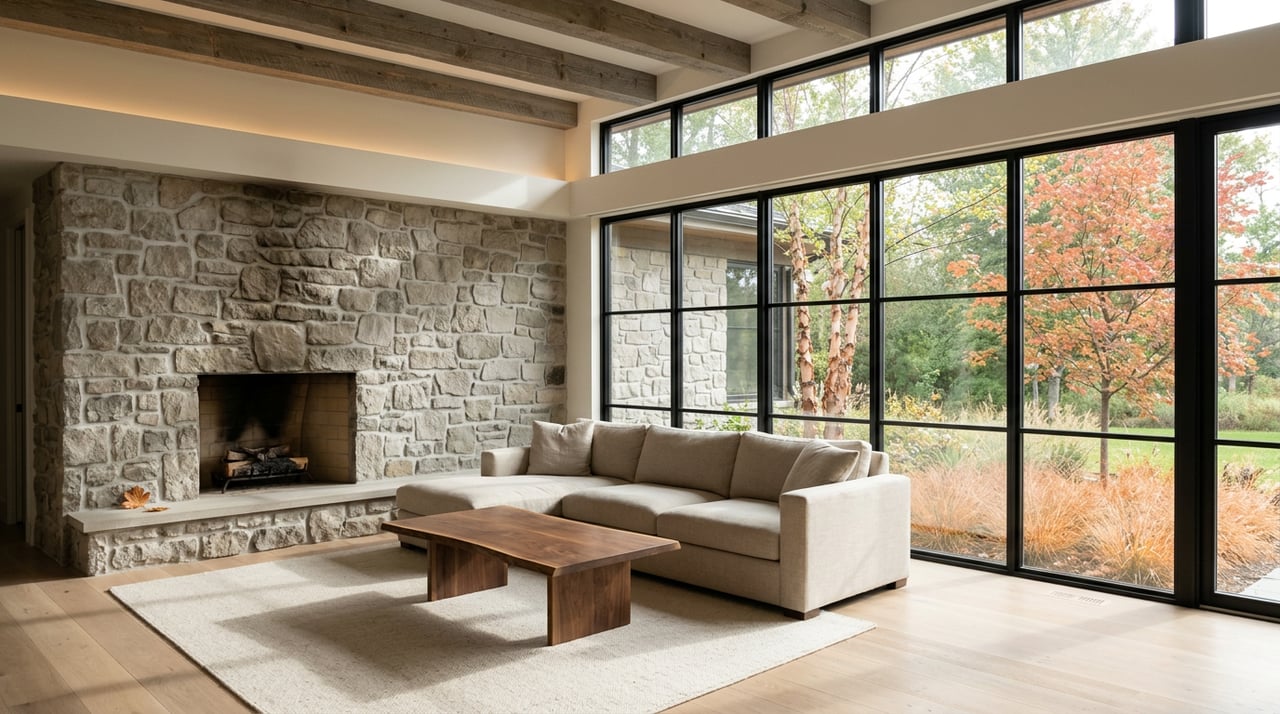 Great room with a fieldstone fireplace, linen sofa, walnut coffee table, and fall foliage beyond a full-height window wall.