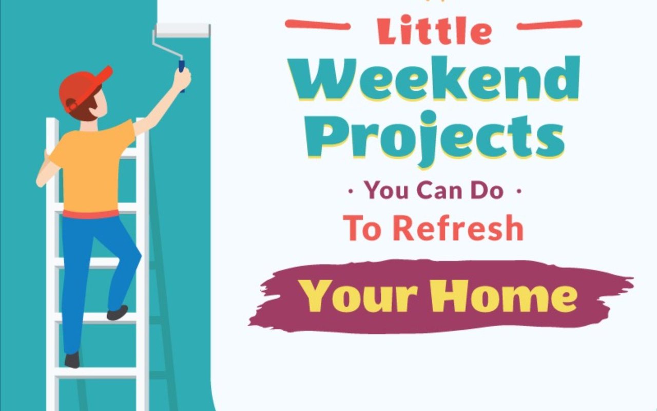 Little weekend projects to refresh your home, illustrated with a person painting a wall from a ladder.