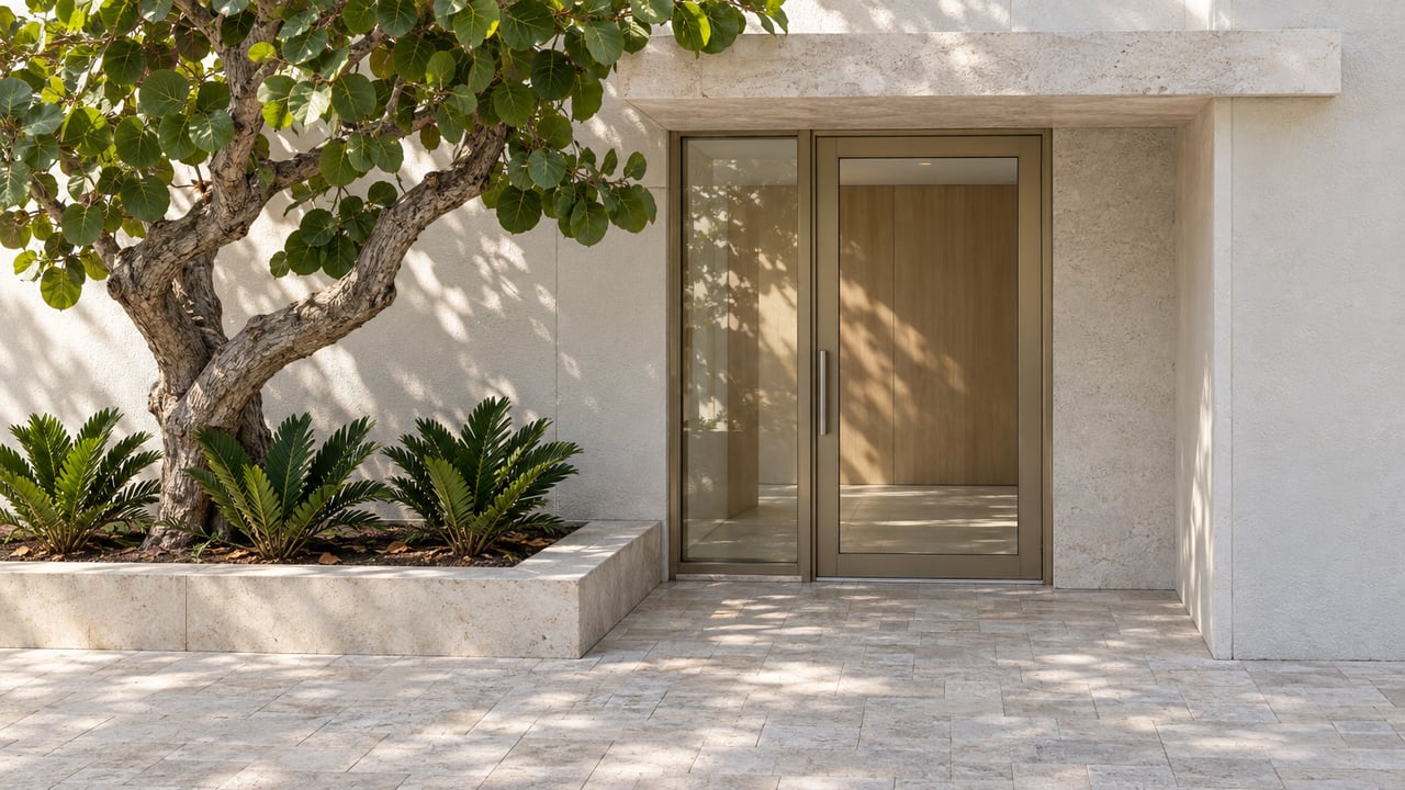 Glazed condominium entrance beneath a sea grape tree, with three cycads in a raised planter and pale stone paving.