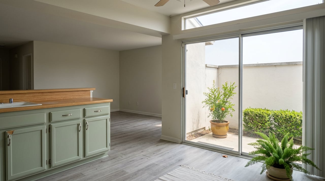 Family room with sage-green kitchen cabinets, a sliding glass door, and potted plants beside a stucco wall.