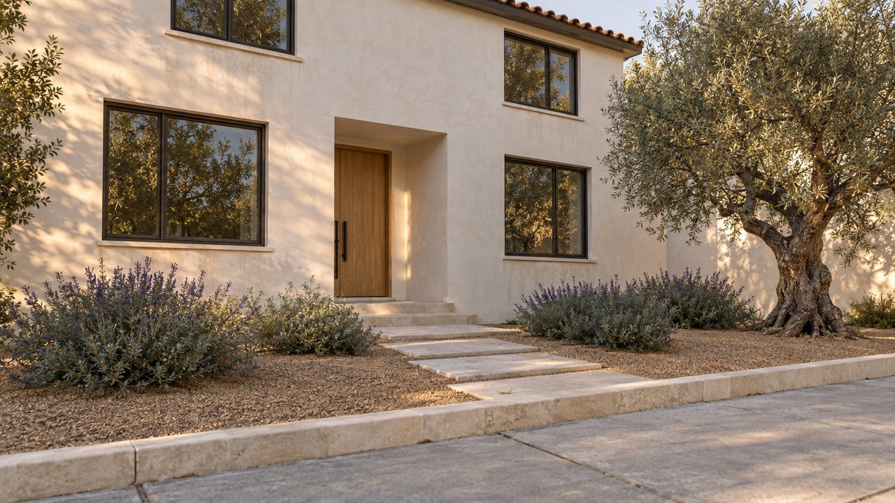 Two-story stucco house with a recessed oak door, limestone approach, and olive tree beside the entry.