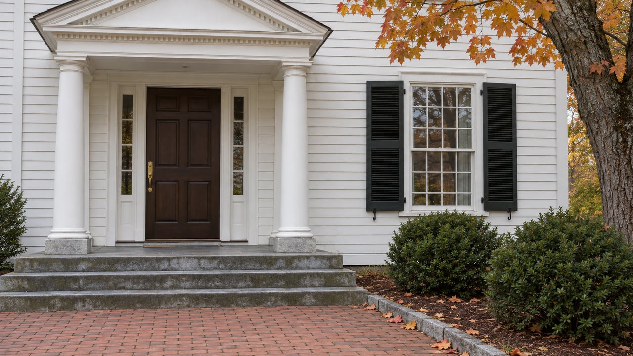 White clapboard home entrance with paired columns, bluestone steps and a brick walk bordered by autumn maple leaves.