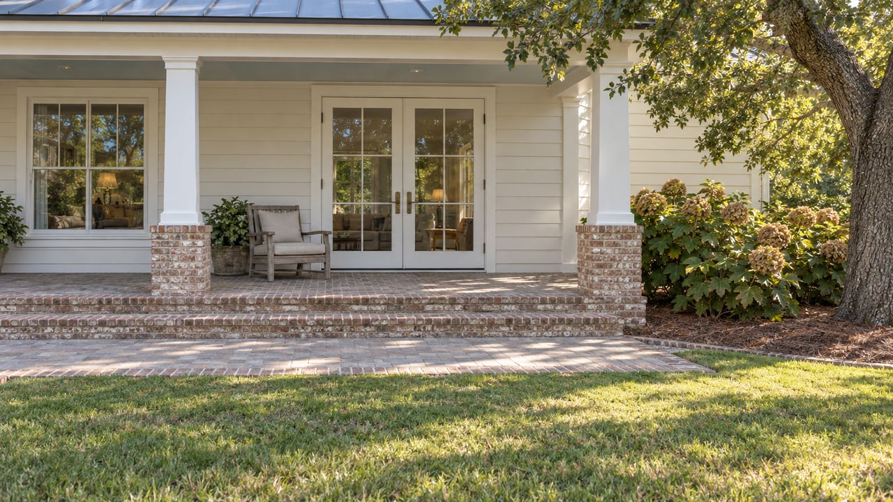 An ivory-sided home with a covered brick porch, glazed French doors, a teak chair, and oakleaf hydrangeas beside a sunlit lawn.