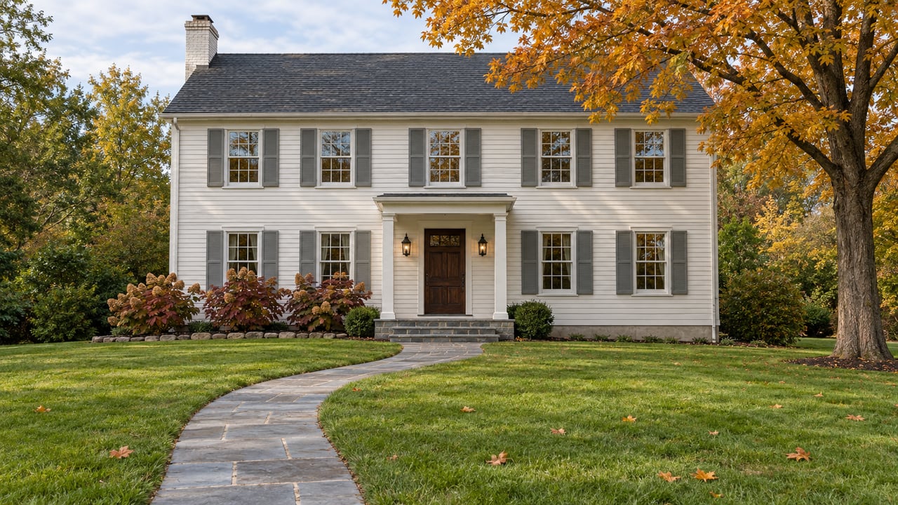 Ivory clapboard home behind a deep autumn lawn, with a bluestone entry walk and an amber-leaved maple.