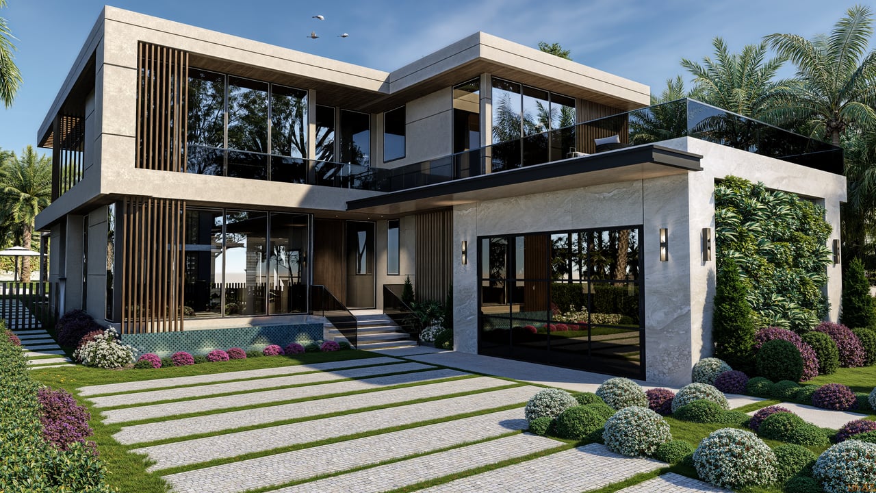 Modern two-story villa with glass balconies, vertical wood screens, and landscaped tropical gardens.