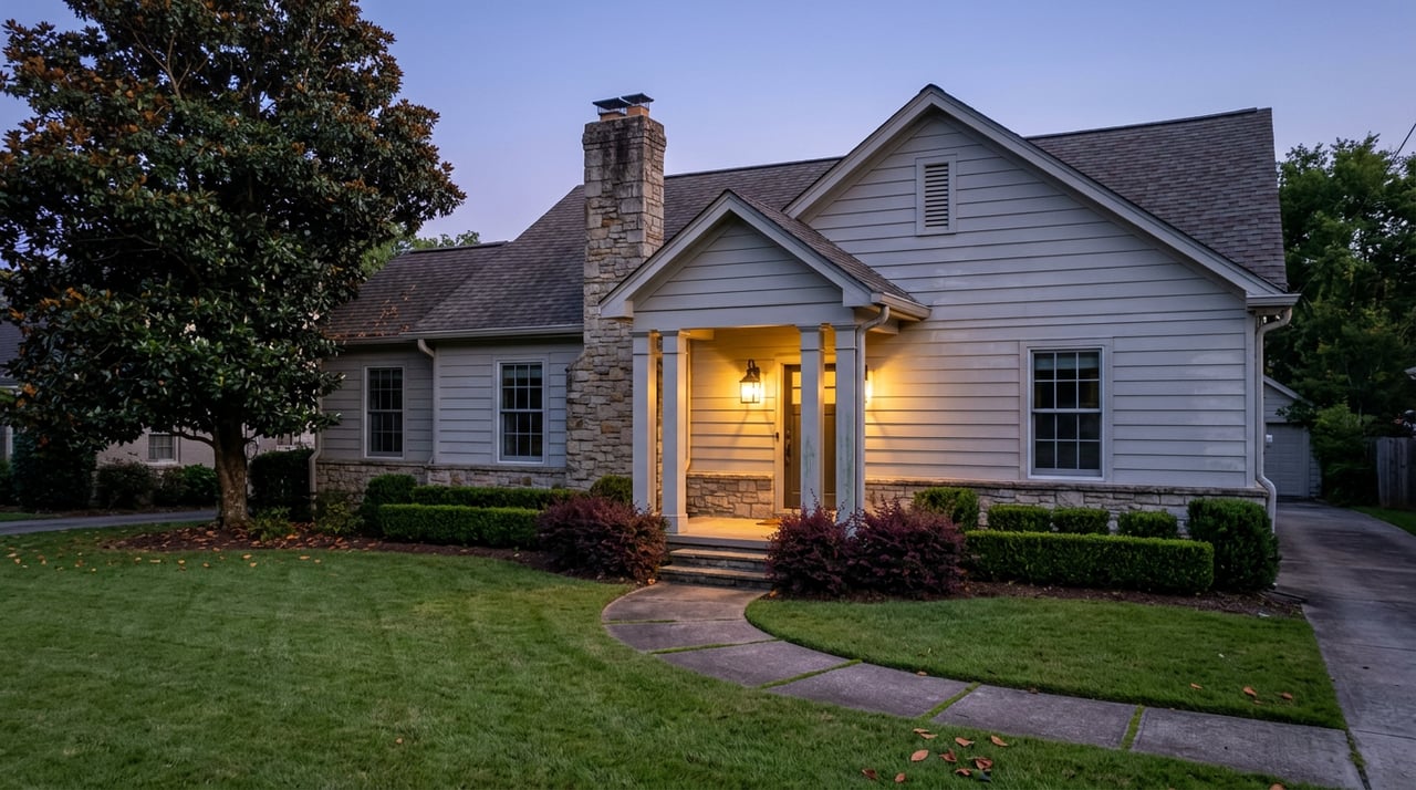 Gray gabled home glowing with warm window and porch lights beneath a blue-violet dusk sky, framed by a magnolia tree.