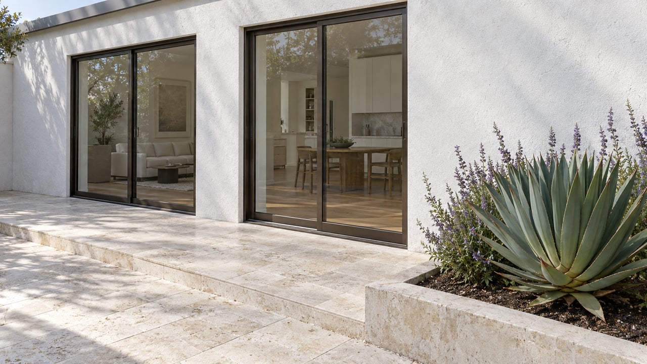 White stucco courtyard facade with closed glass doors, limestone paving, and a sculptural aloe in a raised bed.