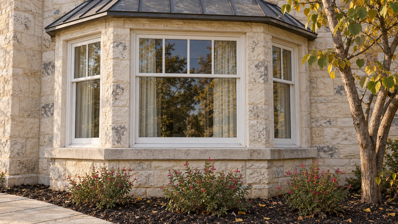 Cream limestone window bay with white divided-pane windows, a charcoal metal awning, and a planted bed with redbud and autumn sage.