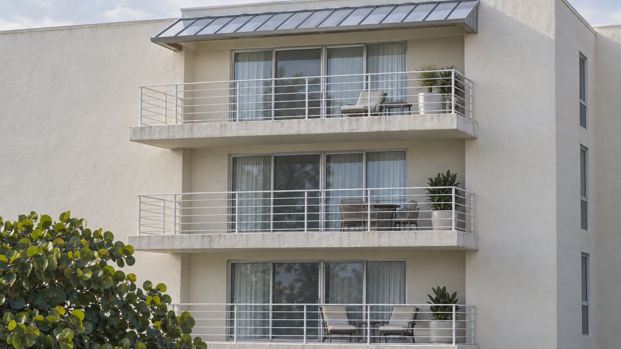 Off-white condominium facade with three stacked balconies, sliding glass doors, and sea-grape leaves at the lower edge.