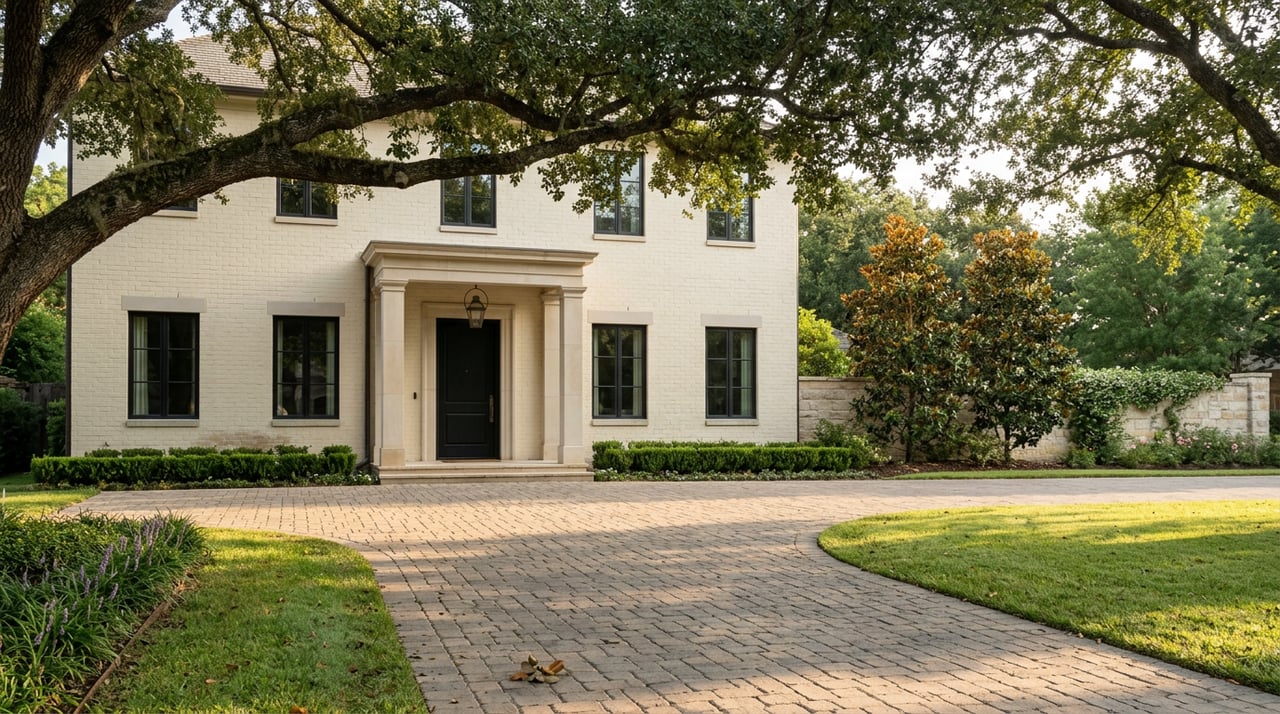 Ivory brick estate beneath a sprawling live oak, with a paver drive and limestone entry.