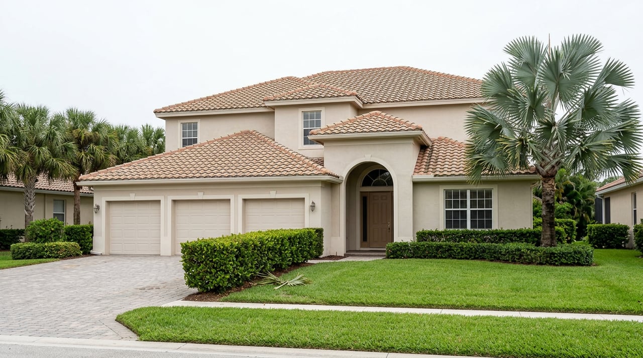 Two-story stucco home with a clay tile roof, arched entry, three-car garage, broad lawn, and tall palm.