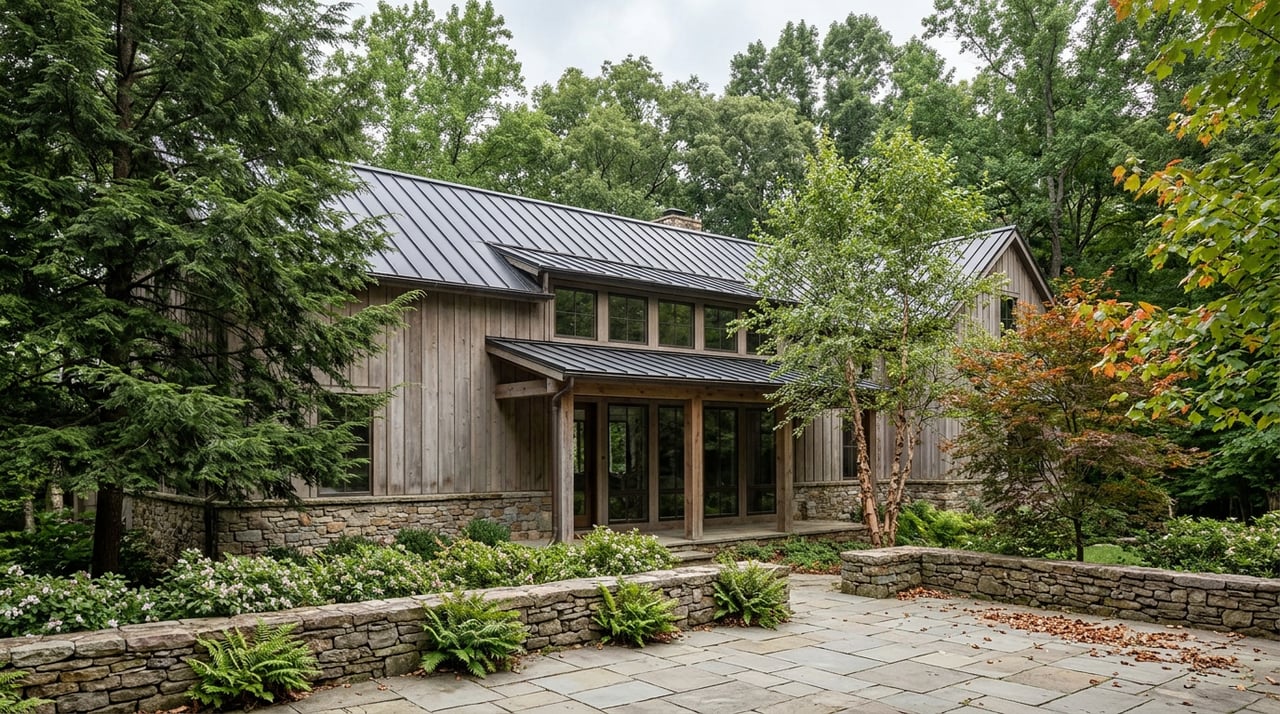 Two-story stone-and-timber mountain home with bronze-framed glass, flagstone court, and dense tree canopy.