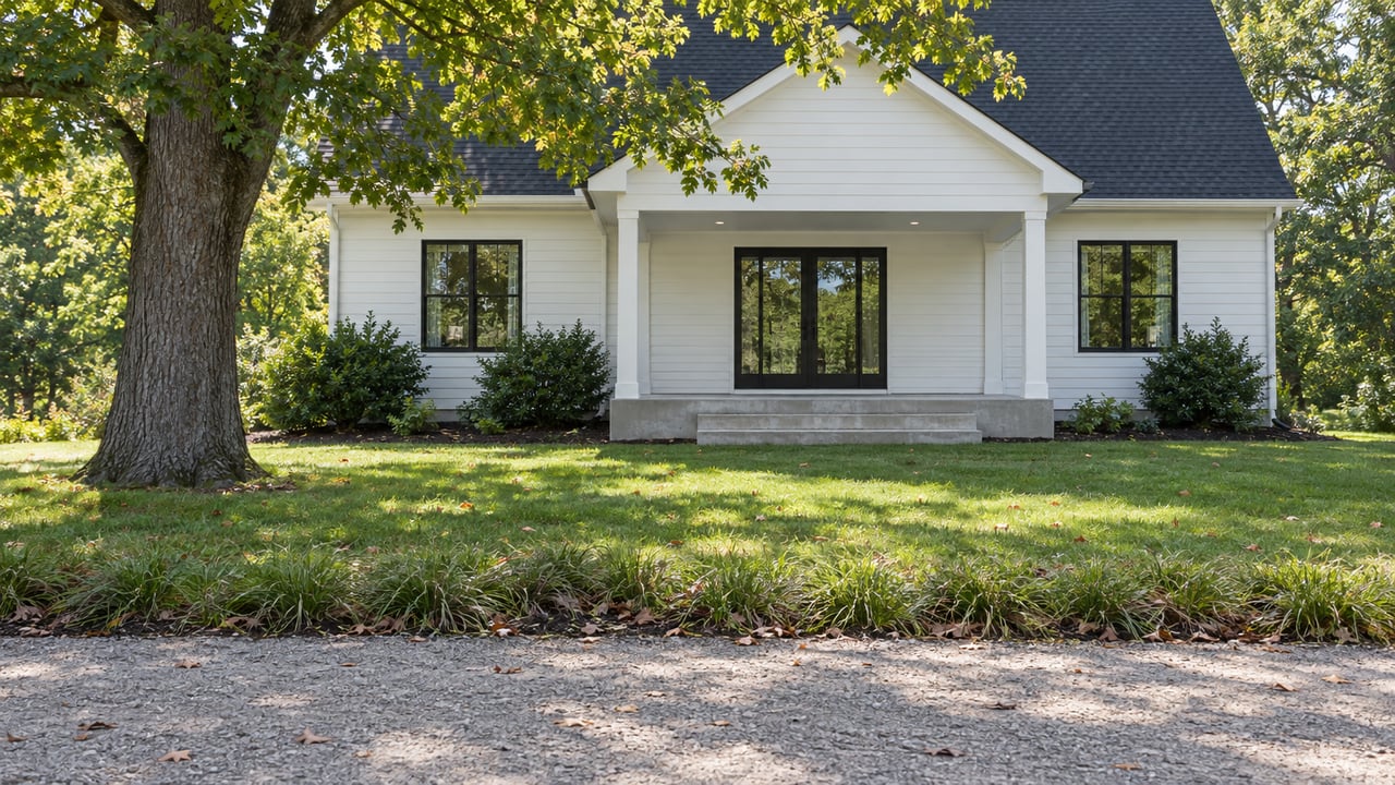 White-sided house with a covered rear porch beyond a stone-dust trail, lawn, and mature oak tree.