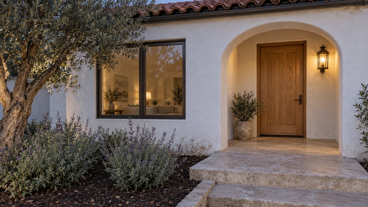 A white stucco home's arched oak entrance glows at dusk beside a bronze-framed window, limestone steps and sculptural olive planting.