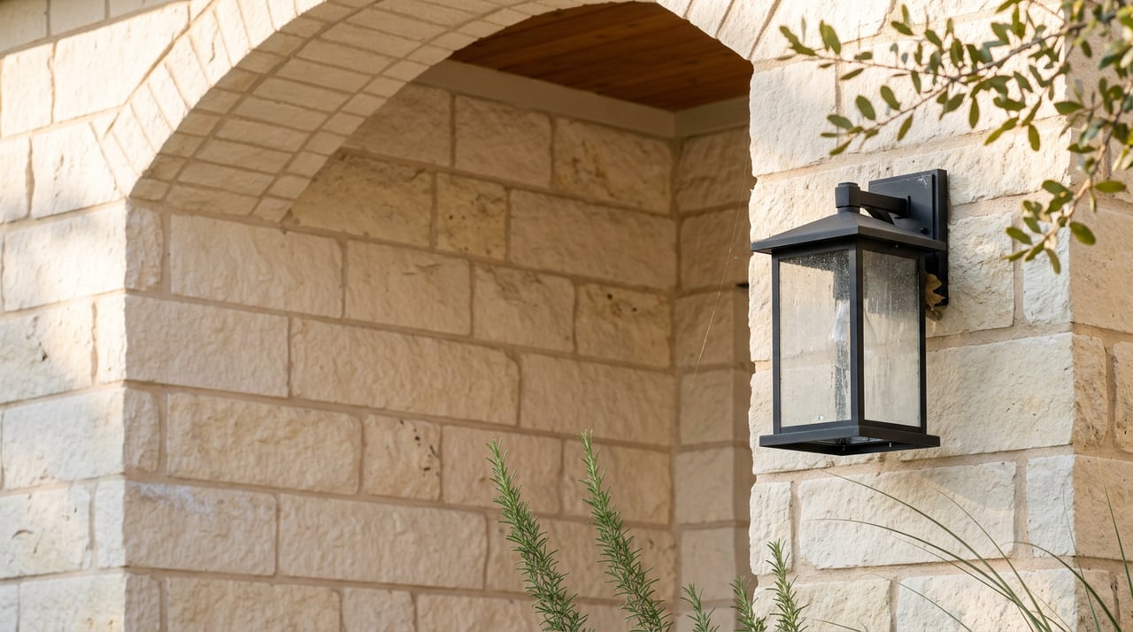 Matte black lantern on a cream limestone wall beneath a stone arch, with rosemary stems below.