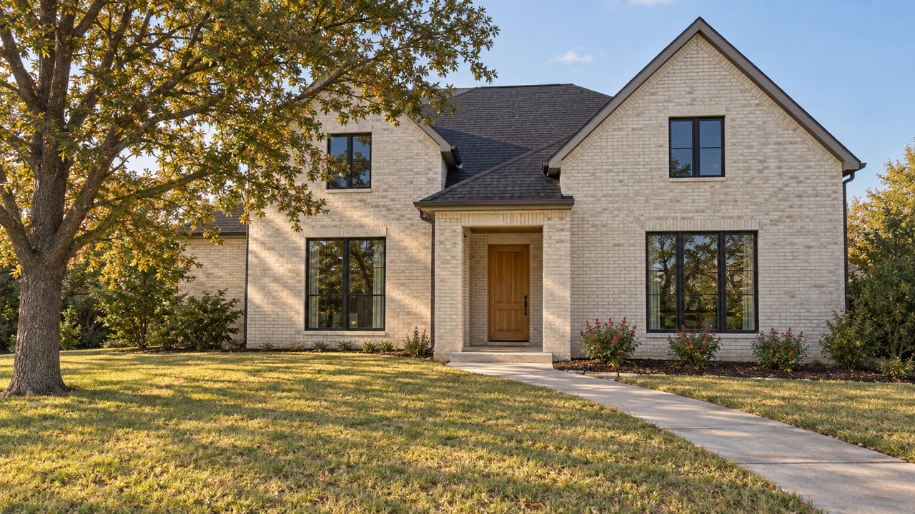 Pale brick two-story home with charcoal gables, black-framed windows and an oak entry beyond a deep autumn lawn and concrete walk.