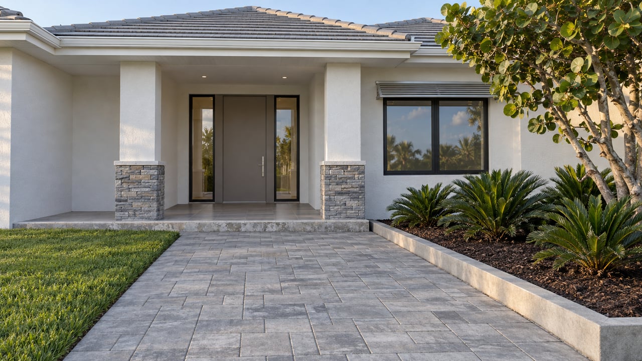 White stucco home with a gray hip roof, recessed entry, stone column bases and a gray paver approach beside sculptural tropical planting.