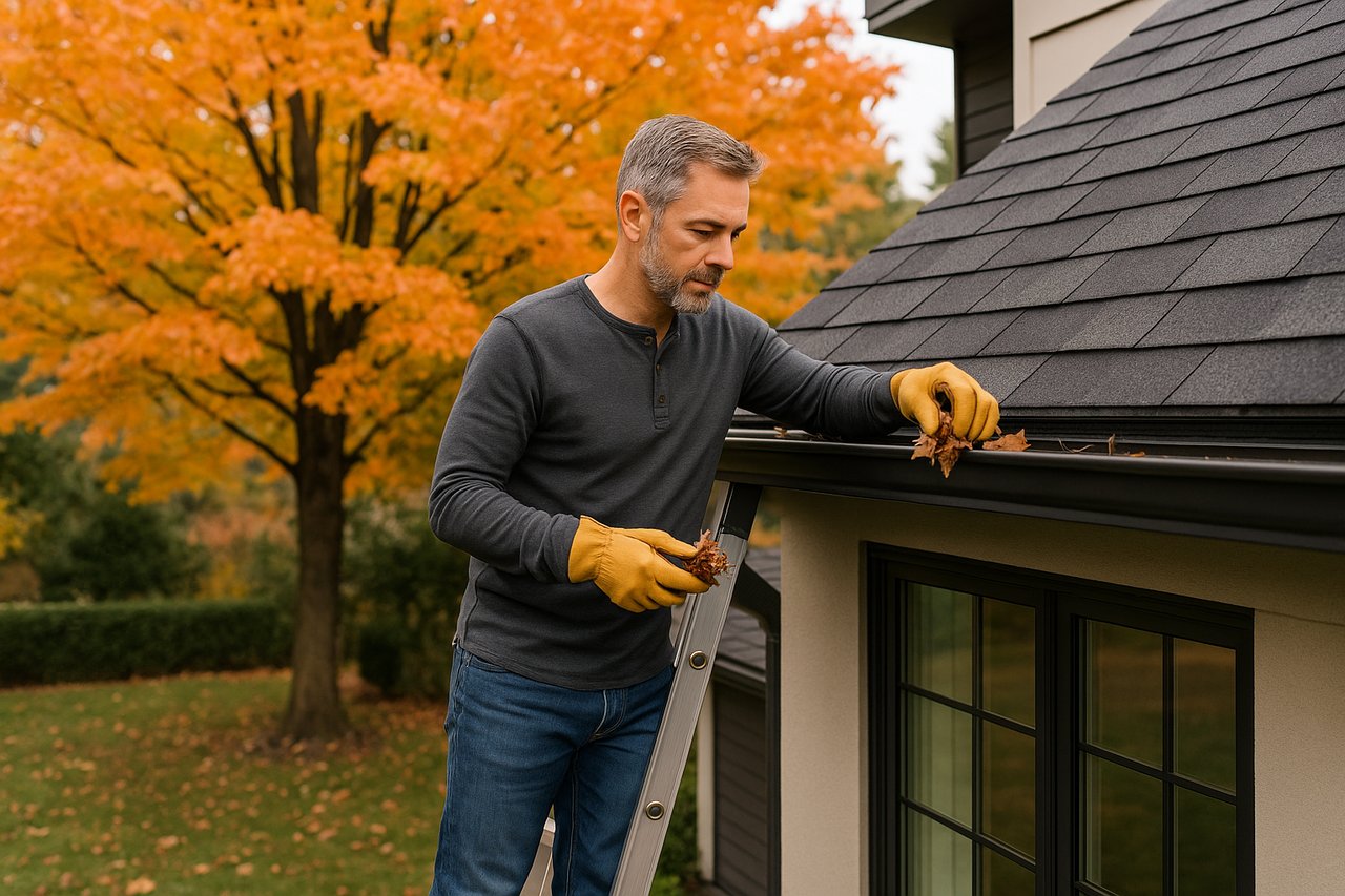 Homeowner cleaning gutters on a modern house during fall in Central Ohio