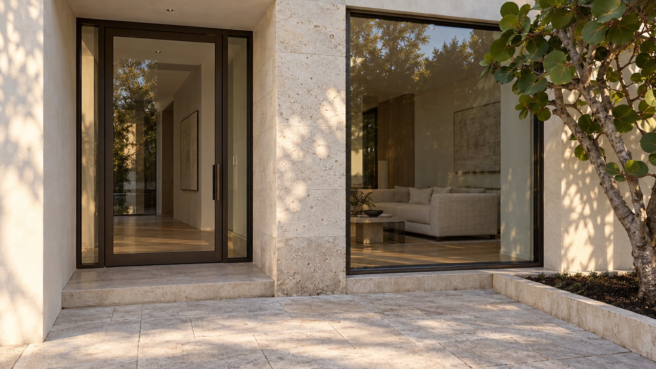 Sunlit stucco and limestone townhouse entrance with bronze-framed glass, shellstone paving and a sculptural sea grape tree.