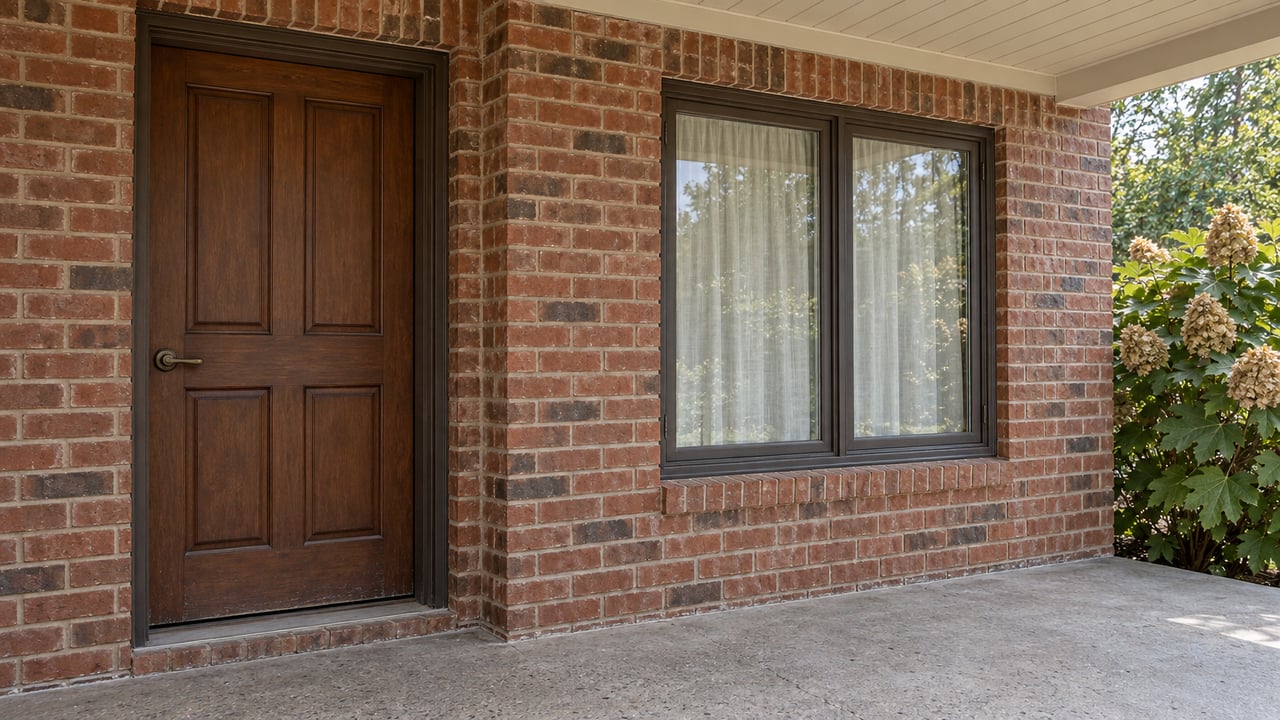 Brick building entrance with a dark wooden door, paired windows, and a concrete porch.