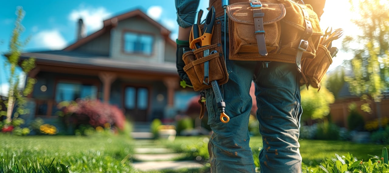 A person in work gear, carrying career resources, approaches a house in a sunny, green yard.