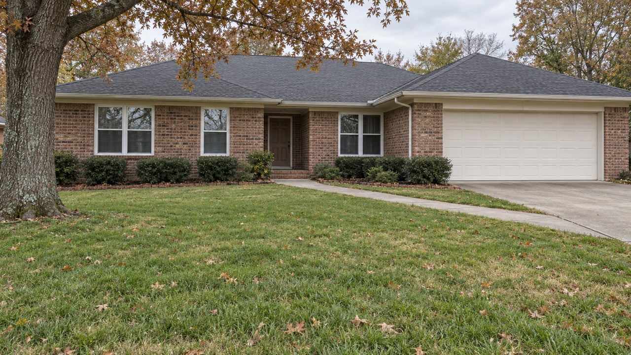 Autumn oak branches frame a single-story red-brick home beyond a broad lawn and weathered concrete approach.